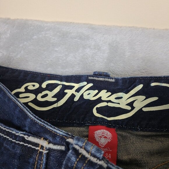 Vintage Y2K Ed Hardy‎ Death or Glory Distressed Embroidered Baggy Jeans 30 x 34” - Picture 6 of 13